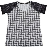 Junarose Womens Lace Sleeve Hounds Tooth T-Shirt Black/White