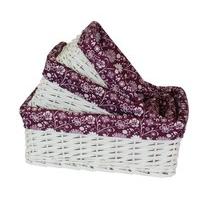 JVL Modern Set of 3 White Willow Wicker Rectangular Storage Baskets with Handles and Purple Floral Flower Lining