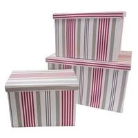 JVL Rectangular Striped Fabric Lidded Storage Basket Boxes, Set of 3, Red