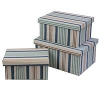 JVL Rectangular Striped Fabric Lidded Storage Basket Boxes, Set of 3, Blue