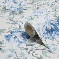 K2 Painterly Blue & Cream Floral Wallpaper