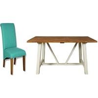 Kaveri Distressed Painted Trestle Dining Set - 6 Fabric Chairs