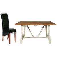 Kaveri Distressed Painted Trestle Dining Set - 6 Leather Chairs