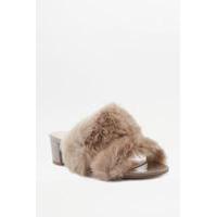 kate grey faux fur double strap mule heels grey