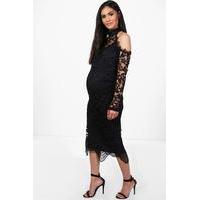 Katie Crochet Lace Open Shoulder Midi Dress - black