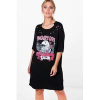 Katy Chain and Distressed Band T-shirt Dress - black