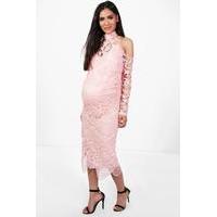 katie crochet lace open shoulder midi dress pink