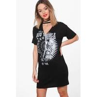 Kate Choker Detail Split Print T-shirt Dress - black