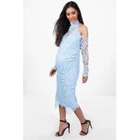 Katie Crochet Lace Open Shoulder Midi Dress - blue