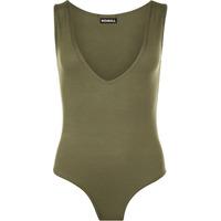 Kat Basic V-Neck Sleeveless Plunge Bodysuit - Khaki