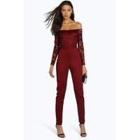 kami lace off the shoulder jumpsuit wine