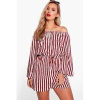 Katie Striped Off The Shoulder Playsuit - berry