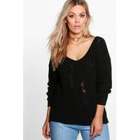 Kady Distressed V Neck Jumper - black