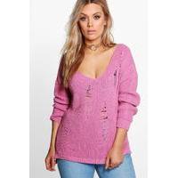 kady distressed v neck jumper rose pink