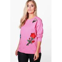 katy oversized badge applique sweat top cerise