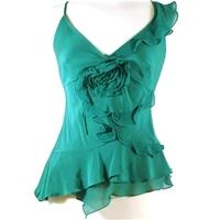 Karen Millen Size 12 Silk Turquoise Green Floral Embellished Top