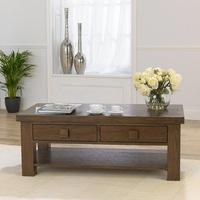 Kenzel Wooden Coffee Table In Dark Solid Oak With 2 Drawers