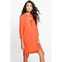 Keyhole Lace Up Dipped Hem Shirt Dress - orange