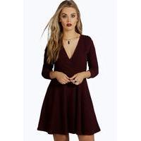Kelly Knitted Wrap Front Skater Dress - wine