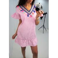 Keegan Pink stripe neon tassel frill dress