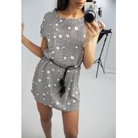 Kerry black star print belted shift dress