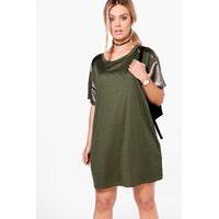 Kelly Satin Trim Ribbed T-shirt Dress - khaki