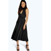 Keyhole Pleated Slinky Midi Dress - black