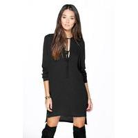 keyhole lace up dipped hem shirt dress black