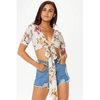 Kendra White Floral Tie Front Crop Top