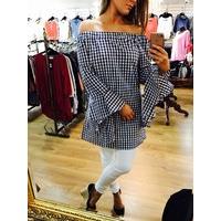 Keesha Black Gingham Waterfall Sleeve Bardot Top