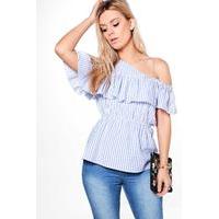 Keely Stripe Ruffle One Shoulder Blouse - blue