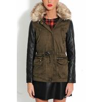 Khaki Military Style Parker with Contrast Sleeves Fur Collar