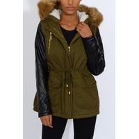 Khaki PU Sleeve Hooded Parka Jacket