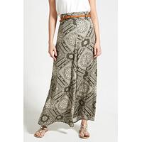 Khaki & Cream Patchwork Tile Print Maxi Skirt