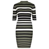 Khaki Black & Cream Stripe Pattern Bodycon Jumper Dress