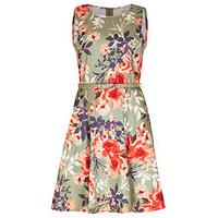 Khaki Multi-Coloured Brushstroke Floral Print Skater Dress