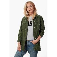 Khaki Longline Paint Splatter Denim Jacket - khaki