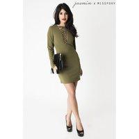 Khaki Long Sleeve Dress with Tie Up Detail