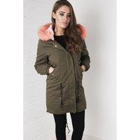 Khaki Parka Coat with Bright Pink Fur