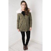 Khaki Parka Coat with Light Pink Fur