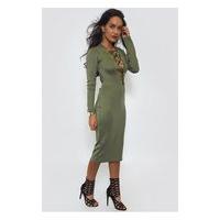 Khaki Lace Up Bodycon Midi Dress