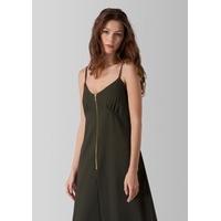 Khaki Zip Front Strap Sleeve Cami Dress