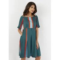 Khaki Off the Shoulder Stripe Pleated Dress