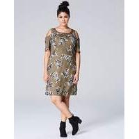 Khaki Floral Cut Out Shoulder Dress