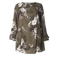 khaki green floral frill sleeve top dark multi