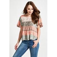 Khaki & Coral Ditsy Folk Stripe Print Swing Top