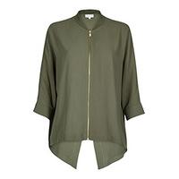 Khaki Zip Front Bomber Neckline Blouse