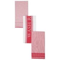 Kitchen cotton woven classic red and white wash rinse dry slogan stripe tea towels - 3 pack - Red