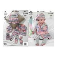 King Cole Baby Cardigan, Top, Pants, Hat & Mittens Cherish Knitting Pattern 4011 DK