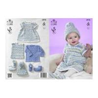 King Cole Baby Dress, Top, Sweater, Hat & Booties Comfort Prints Knitting Pattern 3970 DK